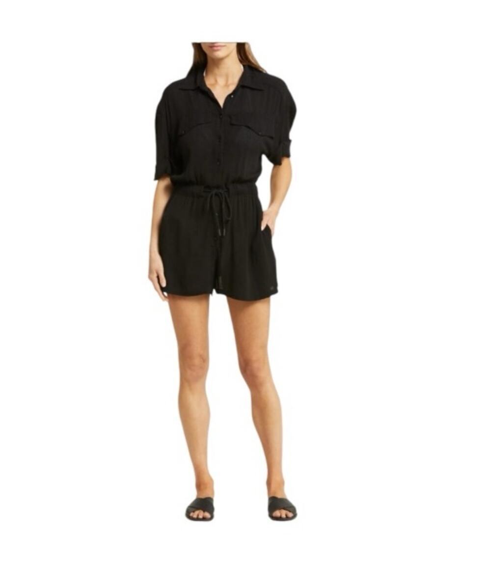 Elan Short Sleeve Button Up Black Romper Size small